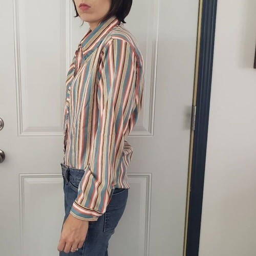 70s Sears Blue and Coral Striped Dagger Collar Shirt - Picture 2 of 4