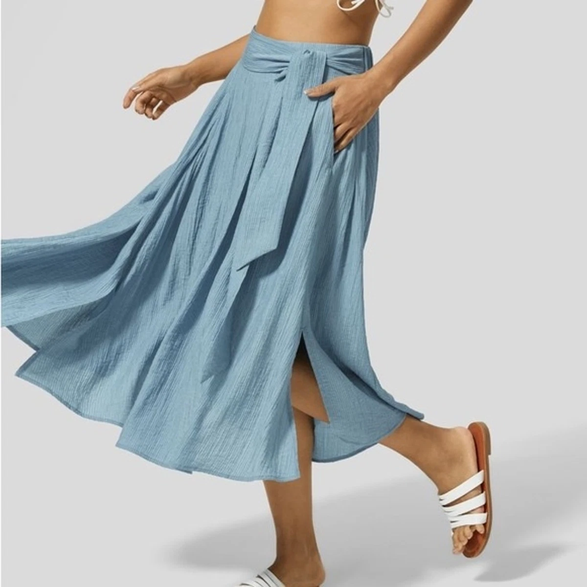High Waisted Tie Front Side Pocket Split Flare Flowy Casual Midi