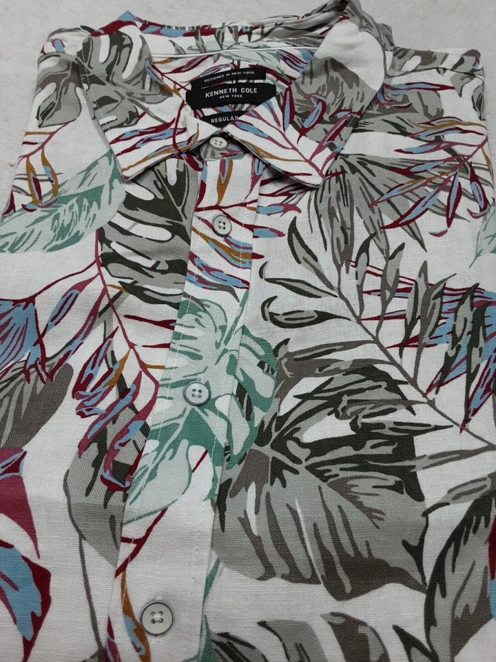 Kenneth Cole Hombre Camisa Manga Corta Estampado Tropical Hawaiano 2XL Lino Foto 4 de 4