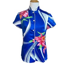 Vtg HILO HATTIE Hawaiian Shirt Made In USA Size 6 Style 214 Blue Floral Travel