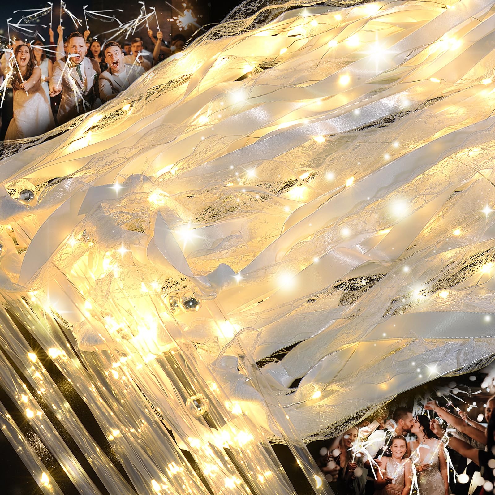 100PCS Light up Wands for wedding, Wedding Wands Streamers with 3 Colorful Fl...