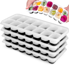 Set of 4 Stackable Silicone Ice Cube Trays with Removable Lids - Flexible, Spill