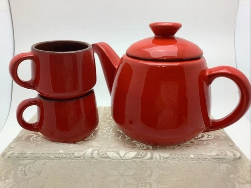Vintage Frankoma Pottery 6-8 Teapot/ Coffeepot & 2- Mugs Brown Flame Red Orange.