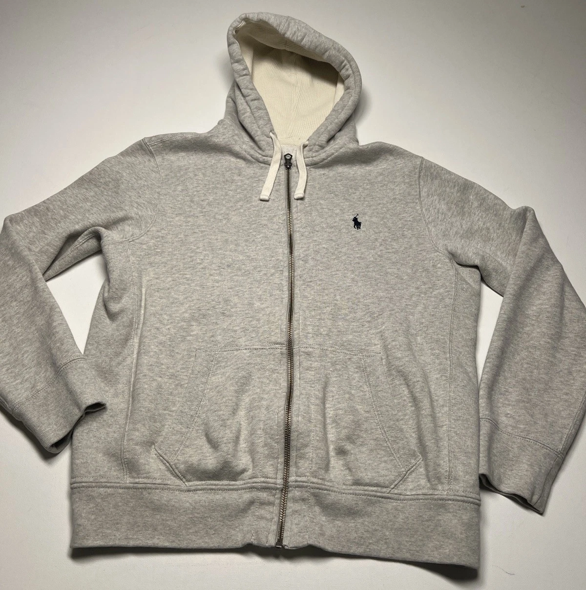 Polo Ralph Lauren Thermal Hoodie Mens Large Beige Full Zip Sweatshirt Y2K