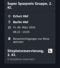 Ticket ICE Erfurt-Berlin inkl. Sitzplatzreservierung am 6.3.26