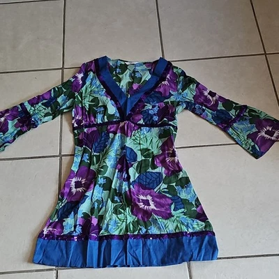 New Look UK 14 Floral Tunic Dress V-Neck 3/4 Sleeve Sequin Trim Short - Image 1 of 4