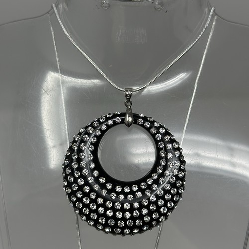 Vintage 925 Sterling Silver 17” Necklace Black Rhinestone Circle ...