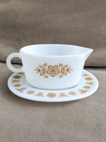 Vintage Pyrex Butterfly Gold Gravy Boat and Underplate Set