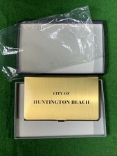 HUNTINGTON BEACH CITY Business Card Holder STEEL GOLD Wallet ID Metal CREDIT EUC