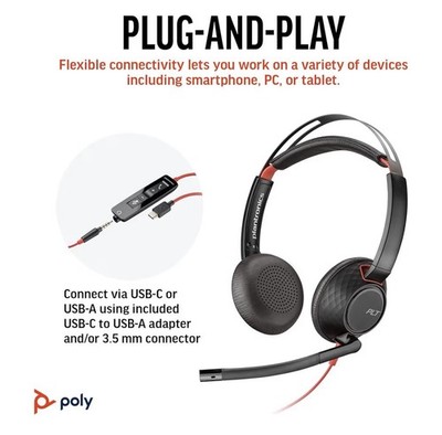 Poly Blackwire 5220 Wired Headset Noise Canceling Mic USB-C/A 3.5mm Teams Zoom