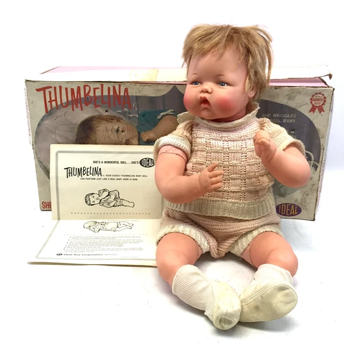Vintage Ideal Toys 1961 Thumbelina Doll, Life-Like Wiggles w/ Knob #0515-7 +Box
