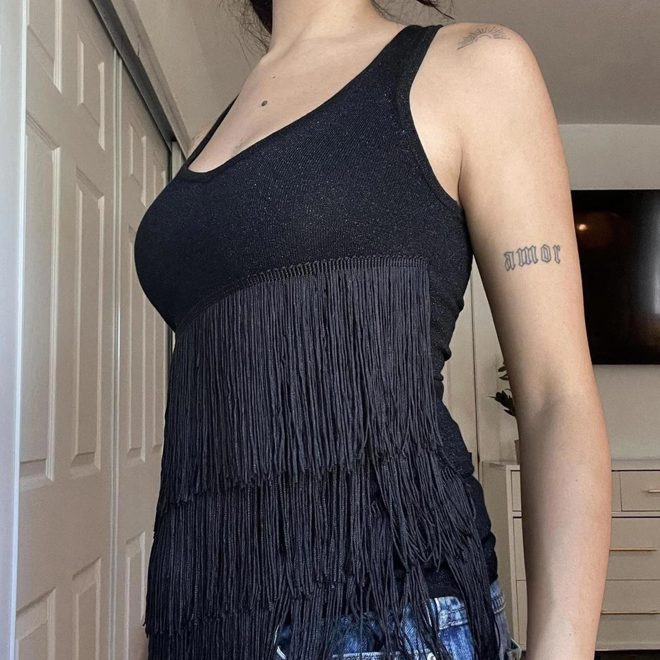 Camiseta sin mangas tejida vintage con flecos metálicos negros Cache - talla XS Foto 2 de 4