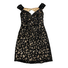 Hannah S Dark Lace Babydoll Mini Dress Size 4 Sequins Black/Nude Cocktail Party