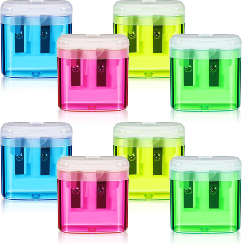 8 Pieces Pencil Sharpeners Manual Double Hole Pencil Sharpener with Lid Hand for