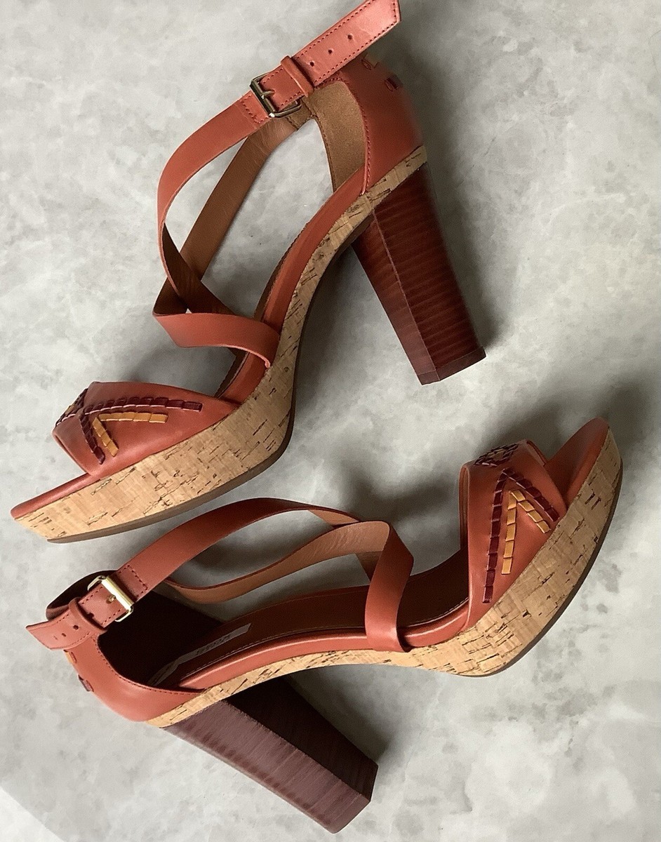 GEOX Leather Strappy Platform Sandals Orange Block Heel Shoes Size