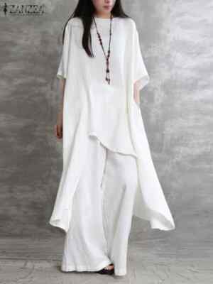 Women Matching Sets Outifits Half Sleeve Irregular Blouse Wide Pants Tracksuits
