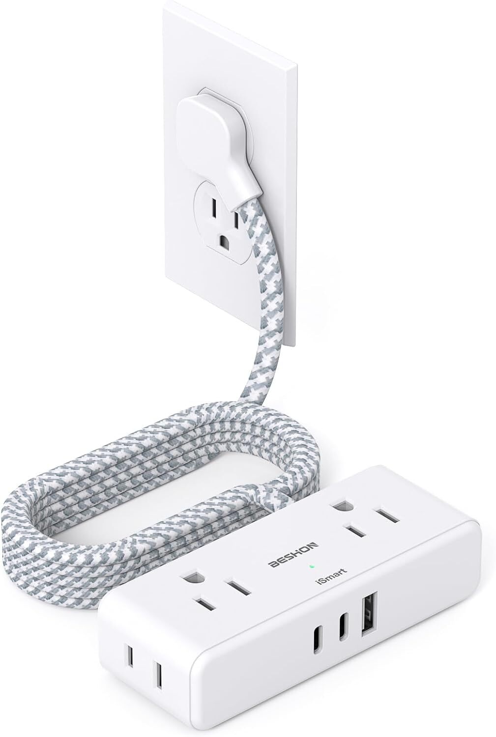 Flat Extension Cord 6 feet Flat Plug Power Strip 4 Widely Outlets with 3 USB Por-image
