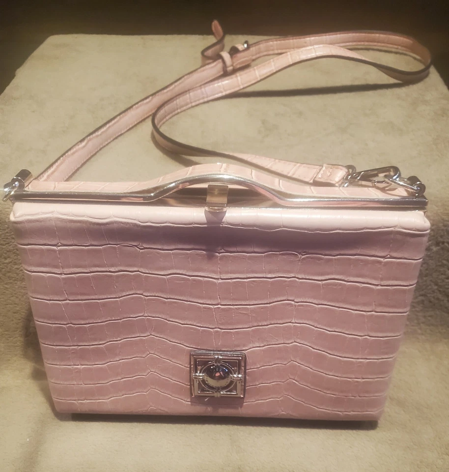 CATHERINE MALANDRINO Small Hard Case Frame Crossbody Bag Purse Pink Faux Croc - Image 2 of 4