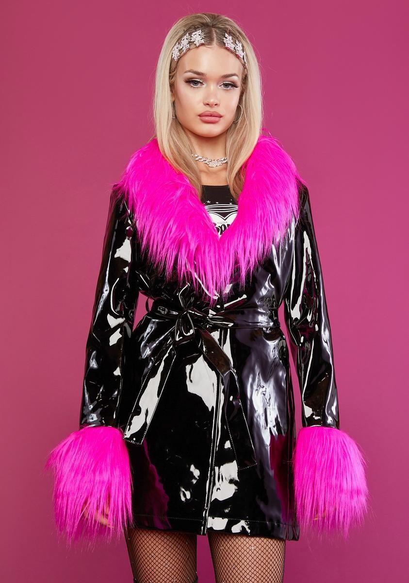 dolls kill bratz diva life vinyl and pink faux fur trench coat XXS