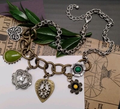 Chunky Unsigned LUCKY(?) Brand 16''+ Brassy Tone Heart, Flower, Charms Necklace!