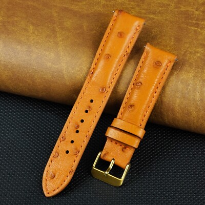 Tan Brown Leather Watch Band Men Classic Genuine Ostrich Watch Strap Gold Buckle
