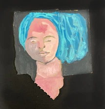 Woman Portrait Painting Blue Hair Quirky Naive Outsider Primitive Art