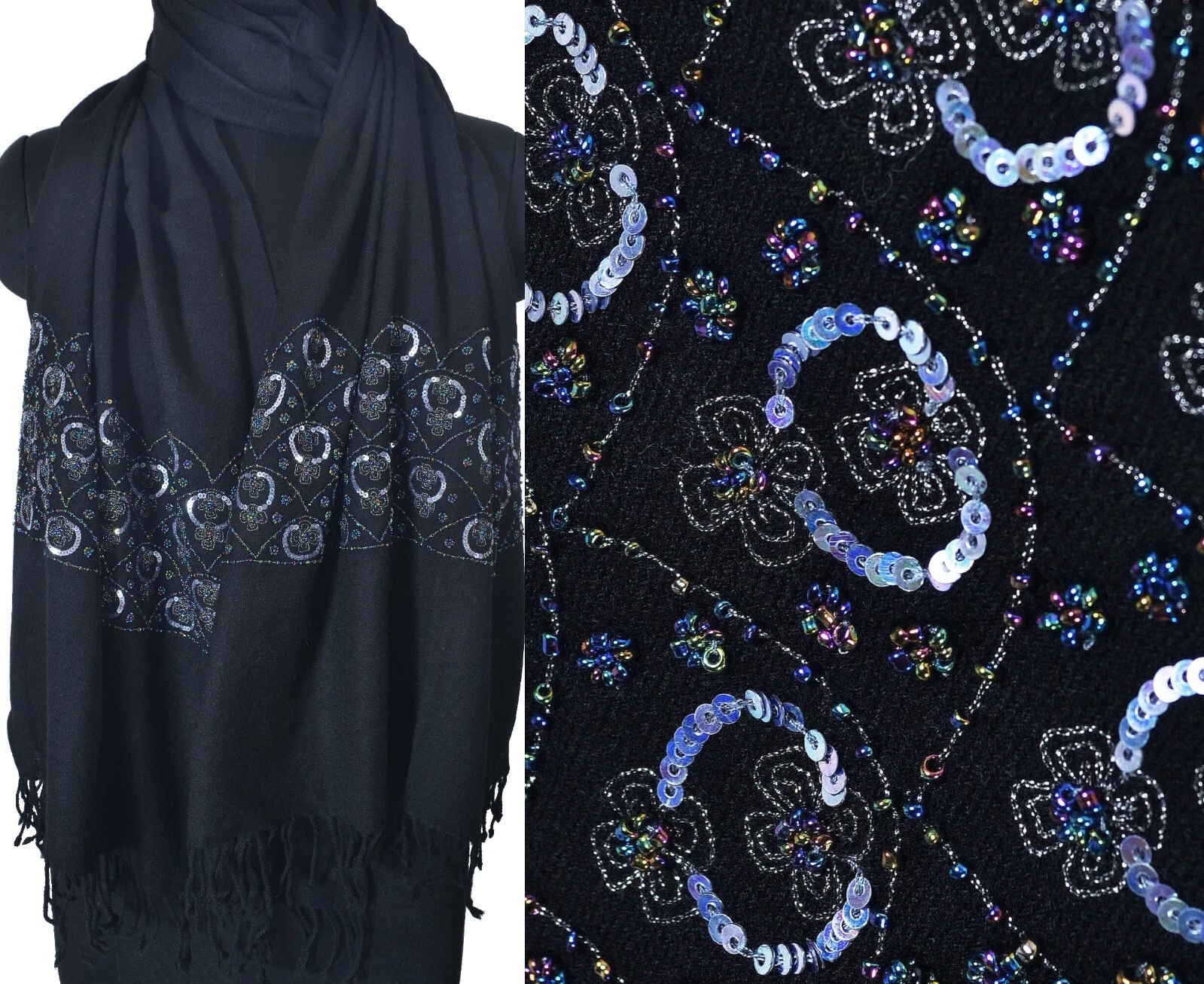 Handmade Black Scarf Sequins Beads Embroidered Shawl 100% Cashmere Pashmina Wrap
