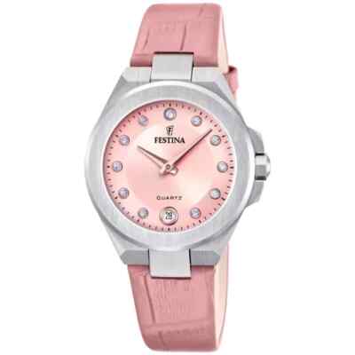 Festina F207012 Women's Pink Leather Strap Analog Dial Quartz Watch 33 mm