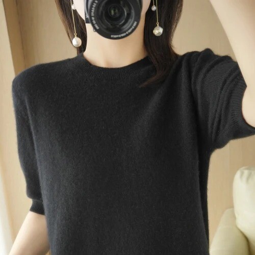 Women Sweater Short Sleeve O-neck Slim Fit Knitted Pullovers Bottoming Knitwear - Picture 35 of 46