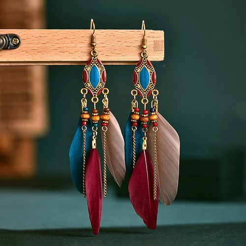 Boho Vintage Long Tassel Feather Dangle Drop Earrings Women Charm Jewelry Gift ↖ - Picture 11 of 55