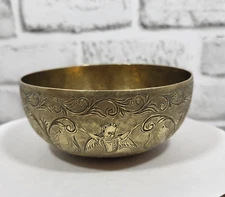 Vintage Ornate Brass Bowl Etched Angel, Scrolls