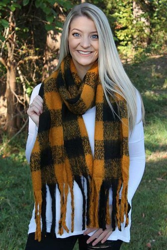 Women Winter Black/Mustard Checks Thick Scarf w/Long Fringes. 74" X 16" wide