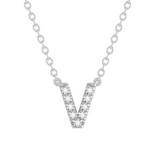 Sterling Silver Diamond V Initial Pendant with Silver Cable Chain 1/20ct, 18"