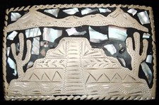 MG18109 VINTAGE AÑOS 70 PLATA NÍQUEL ***PIRÁMIDE AZTECA MAYA*** HEBILLA DE ARTE CON INCRUSTACIONES