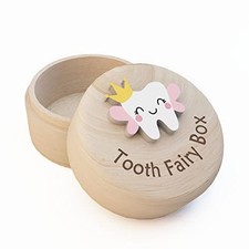 Tooth Fairy Box for Girls, Cute Carved Wooden Box with 3D Tooth, Pink Wing