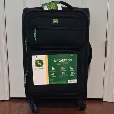 John Deere 22'' Black Carry-On Spinner Suitcase 48L, 360 Wheels, Expandable