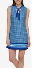 Tommy Hilfiger Shift Dress 2 Blue White Silky Tie Neck Washable Sleeveless NEW