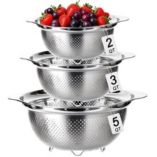 3 Pcs Stainless Steel Colander Strainer Set Metal for Kitchen Pasta Rice Food