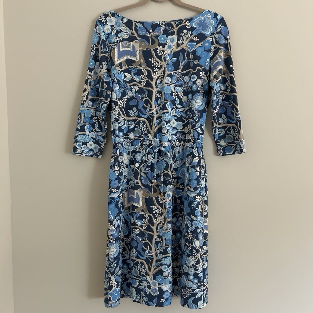 J.McLaughlin Dress Medium M Blue Floral Catalina Cloth 3/4 Sleeve Drawstring