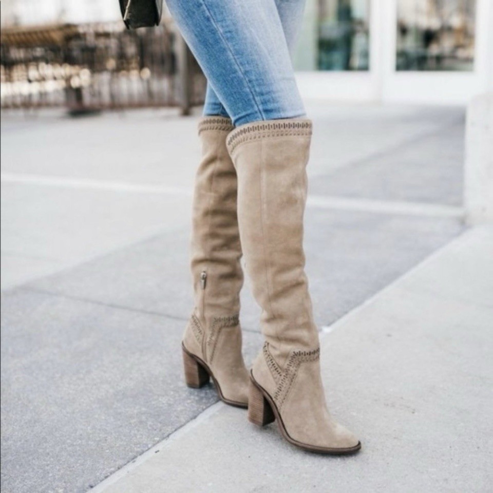 Vince Camuto Madolee Over The Knee Taupe Suede Leather Boots Size 10 Boho