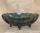 Vintage Indiana Blue Carnival Glass Decorative Footed Bowl in Harvest Pattern