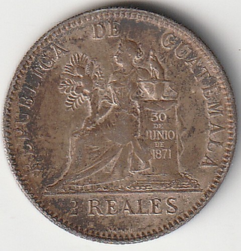 1896 GUATEMALA toned SILVER 2 REALE UNCIRCULATED