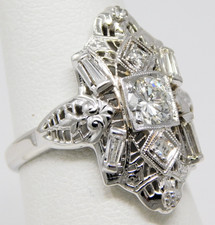 13kt White Gold 3 Stone Art Deco Style Diamond Filigree Ring Size 5 1/4 B9233