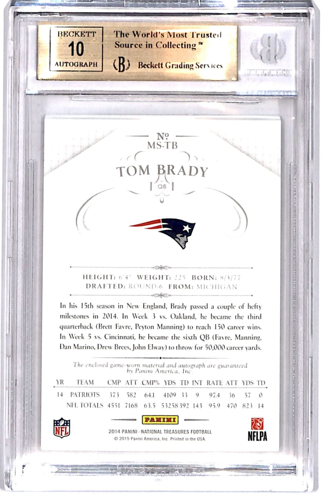 2014 National Treasures GAME WORN Patch Auto 4/5 Tom Brady Auto BGS 9.5 R6220J view 2