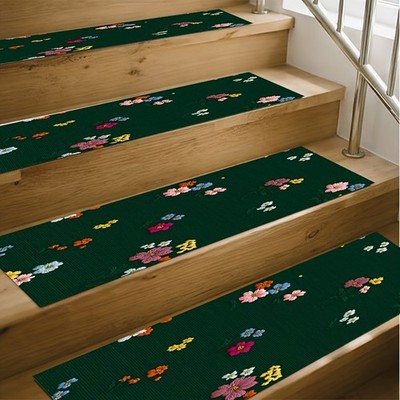 Dark Green Floral Pattern Diatomite Anti-slip Stair Treads, Suitable for Indoo
