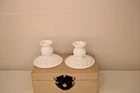 VINTAGE FENTON MILK GLASS PAIR HOBNAIL CANDLE STICK HOLDERS 3” TALL
