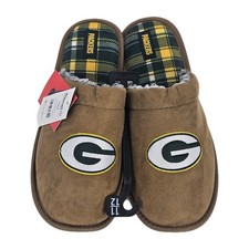 FOCO NFL Mens Green Bay Packers Slippers Big Logo Brown/Plaid SZ Large 11/12 NWT