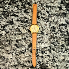 Lorus Mickey Mouse Quartz Analog Watch Gold Tone SS Case Brown Leather Strap