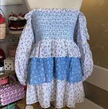 LoveShackFancy Shaw blue Floral Smocked Off Shoulder Tiered Mini Dress XS