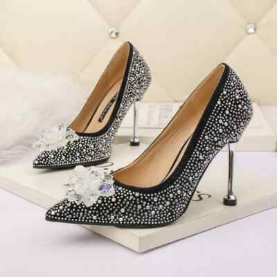 Pumps Damenschuhe Schwarz Strass Stilett Stift 10 CM Leder Kunststoff CZ376